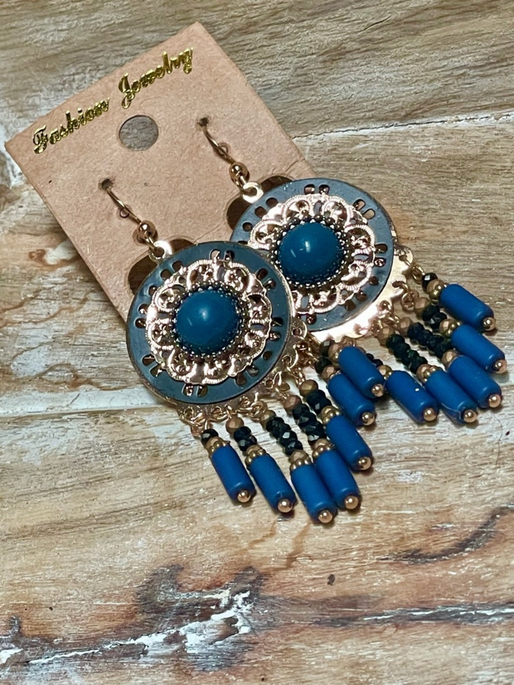 Blue and Gold Filigree Beaded Boho Dangle Earrings